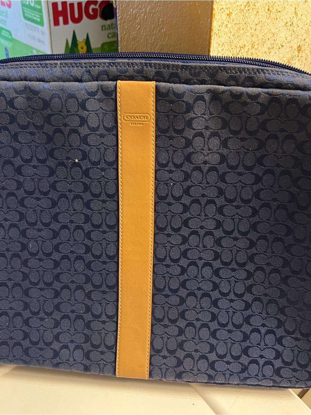 Coach Men’s Navy Signature Toiletry Pouch with Tan Leather Stripe